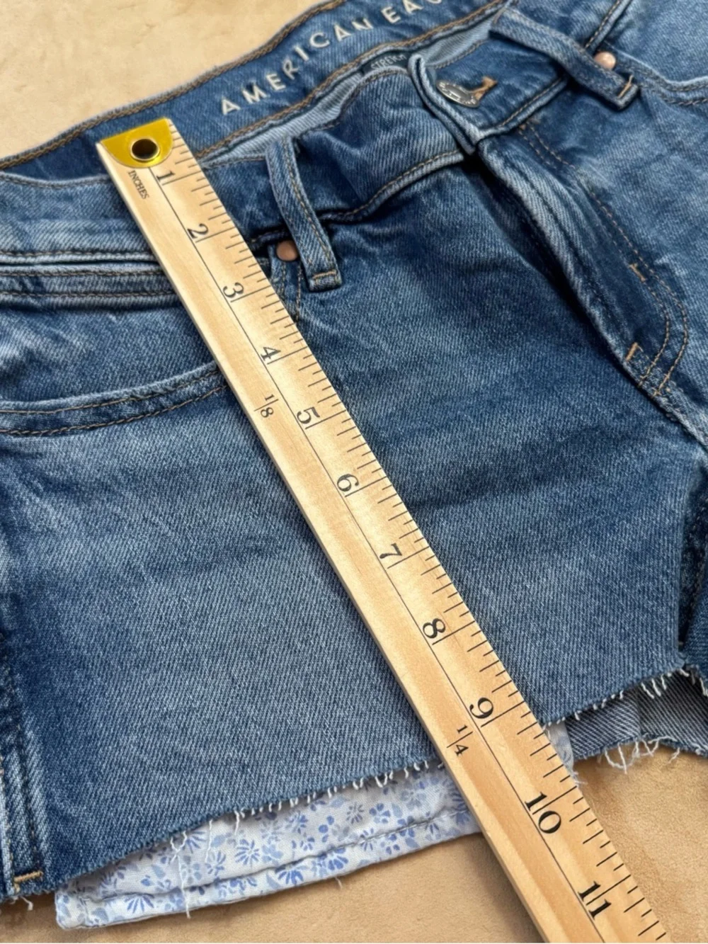 American Eagle AE Stretch Super Low-Rise Denim Perfect Shortie 
Medium Indigo - Picture 6 of 7